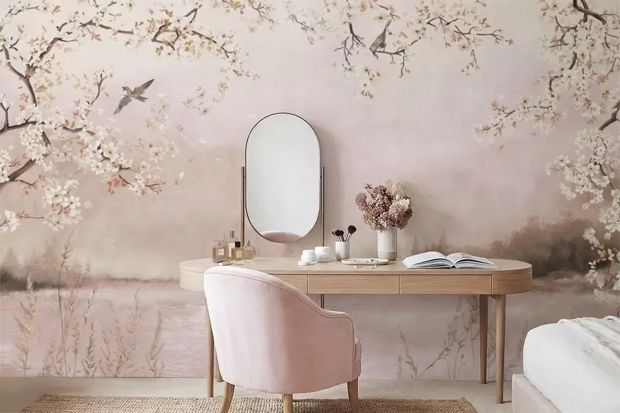 fotószőnyeg Virágzó ágak a nyugodt tó felett, madarak a ködben w05155v1