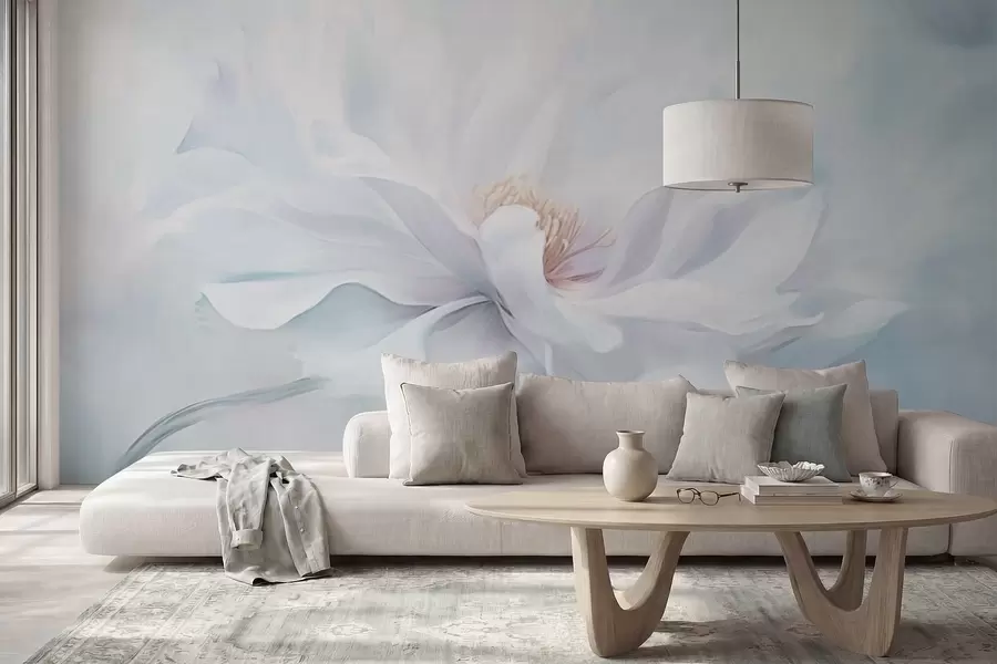 fotószőnyeg Puha fehér virág, hullámzó szirmokkal, kék háttérrel w05354