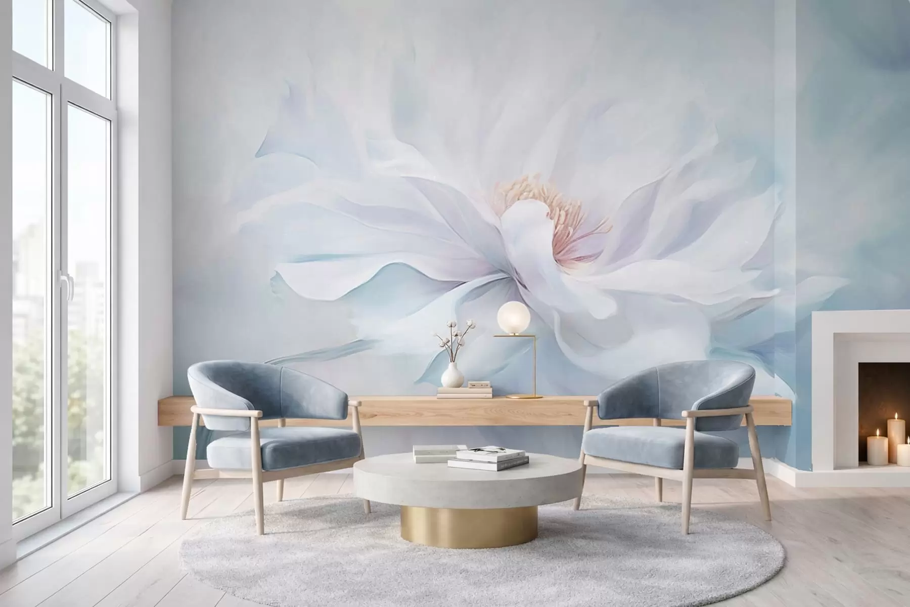 fotószőnyeg Puha fehér virág, hullámzó szirmokkal, kék háttérrel w05354