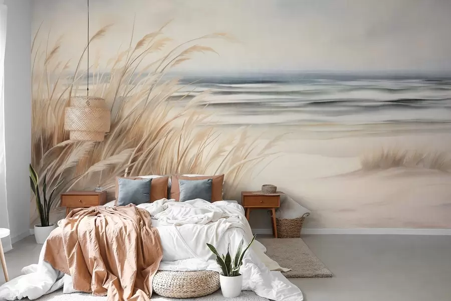 fotószőnyeg Texturált táj száraz fűvel egy homokos strandon, az óceán és az ég háttérben w09739