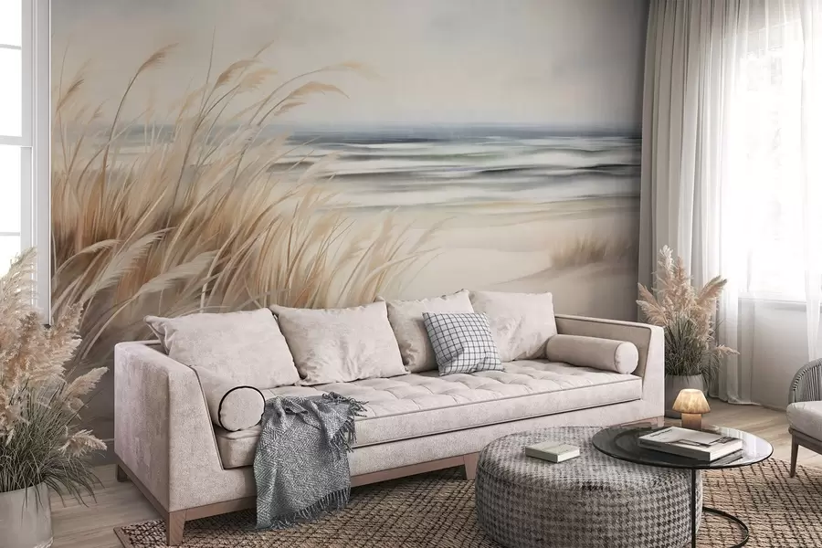 fotószőnyeg Texturált táj száraz fűvel egy homokos strandon, az óceán és az ég háttérben w09739
