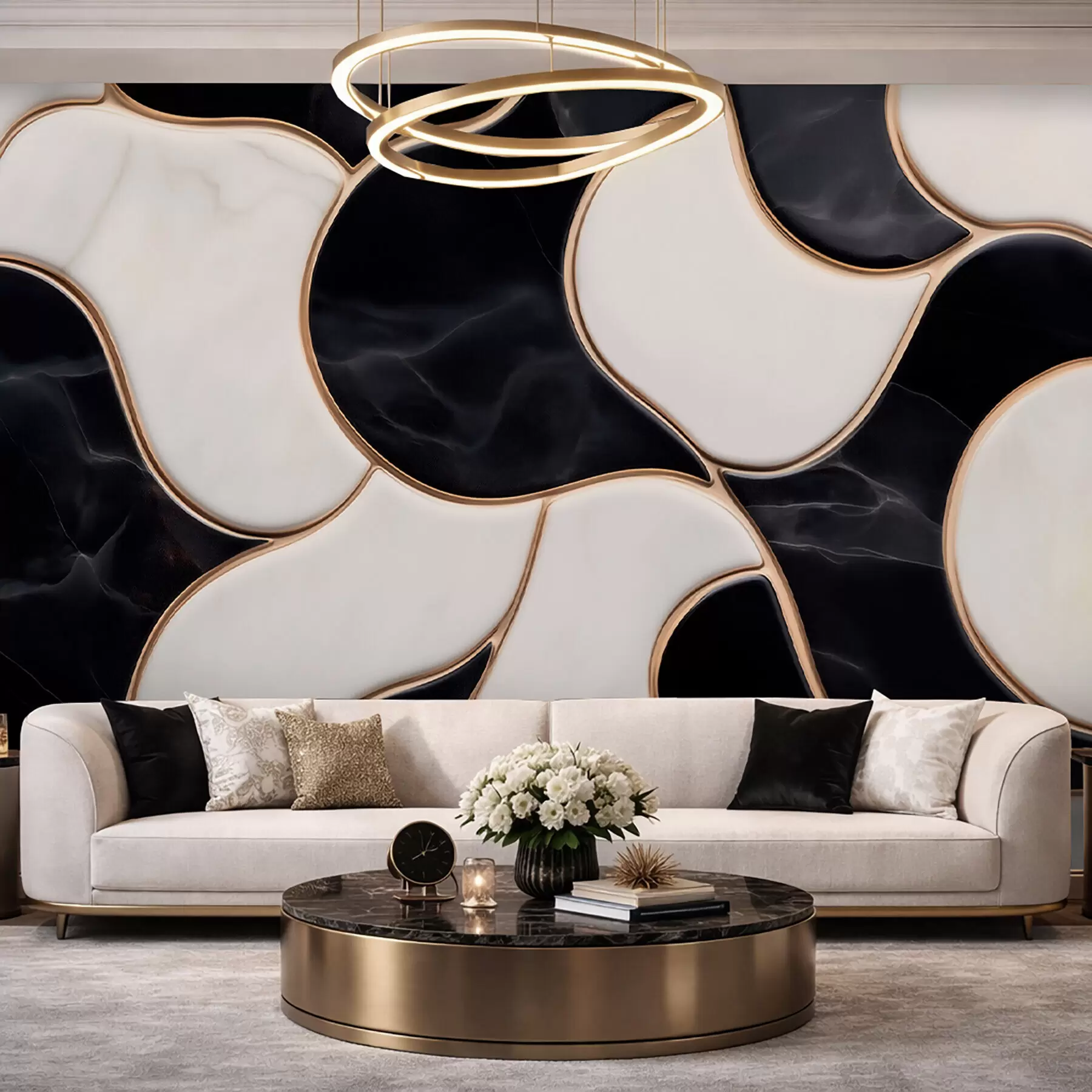 fotószőnyeg Fekete-fehér tónusokban megjelenő márványkompozíció absztrakt utánzata sárga vonalakkal w09733