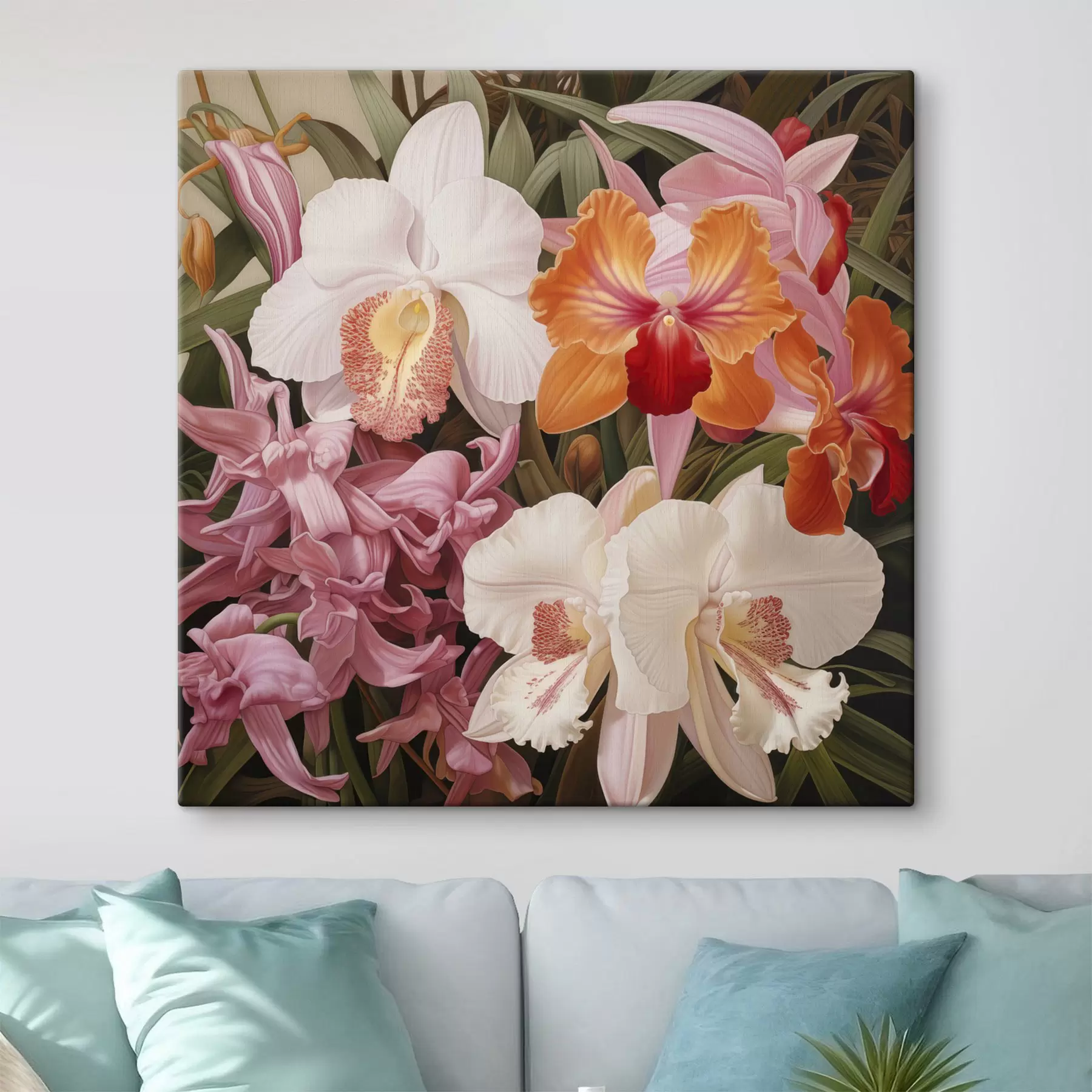 fotótapéta Trópusi virágcsokor, orchideák zöld lombozattal a háttérben s48385