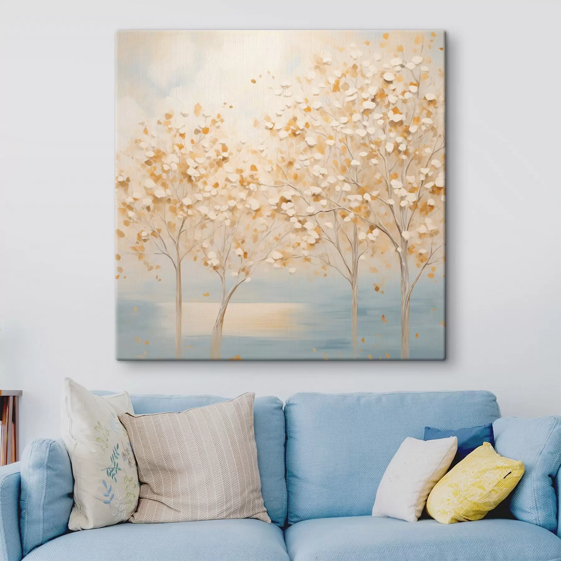 fotótapéta Texturált festmény, amelyen fehér és sárga levelű fák láthatók világoskék háttér előtt s48392