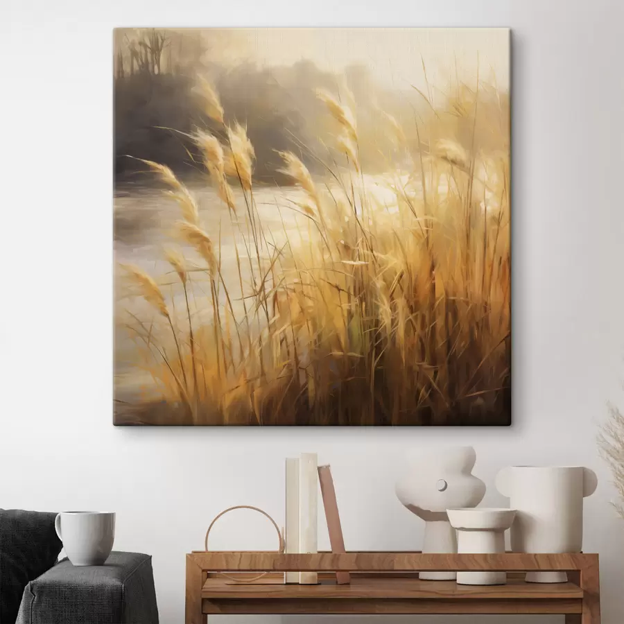 fotótapéta Az előtérben magas, kiszáradt fűszálak, a háttérben egy tó és fák s48394