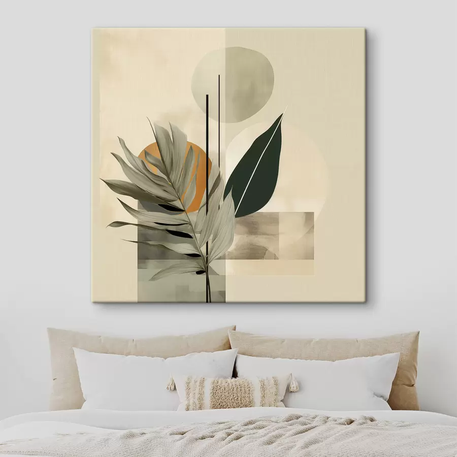 fotótapéta Sötétzöld növény, absztrakt geometriai formákkal és bézs és zöld színű akvarellszerű textúrákkal s48410