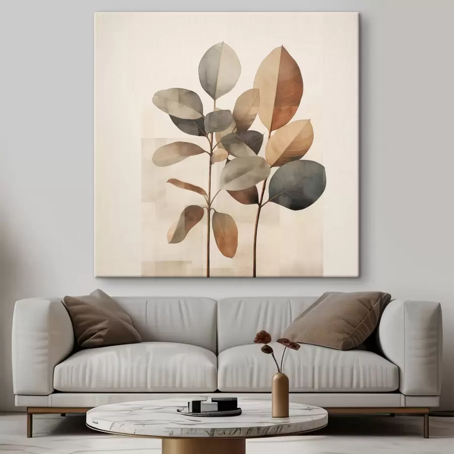 fotótapéta Magas növények ovális levelekkel, tompított színekben és absztrakt téglalap alakú mintákkal s48413