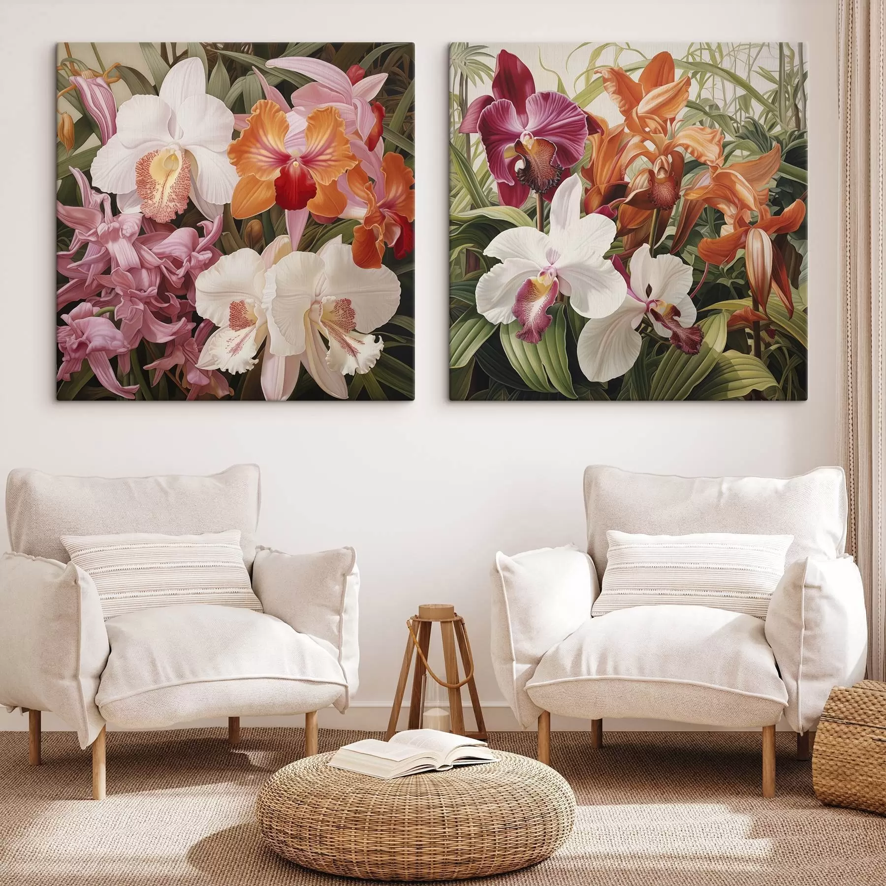 fotótapéta Trópusi virágcsokor, orchideák zöld lombozattal a háttérben m30197