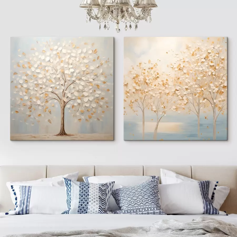 fotótapéta Texturált festmény, amelyen fehér és sárga levelű fák láthatók világoskék háttér előtt m30200