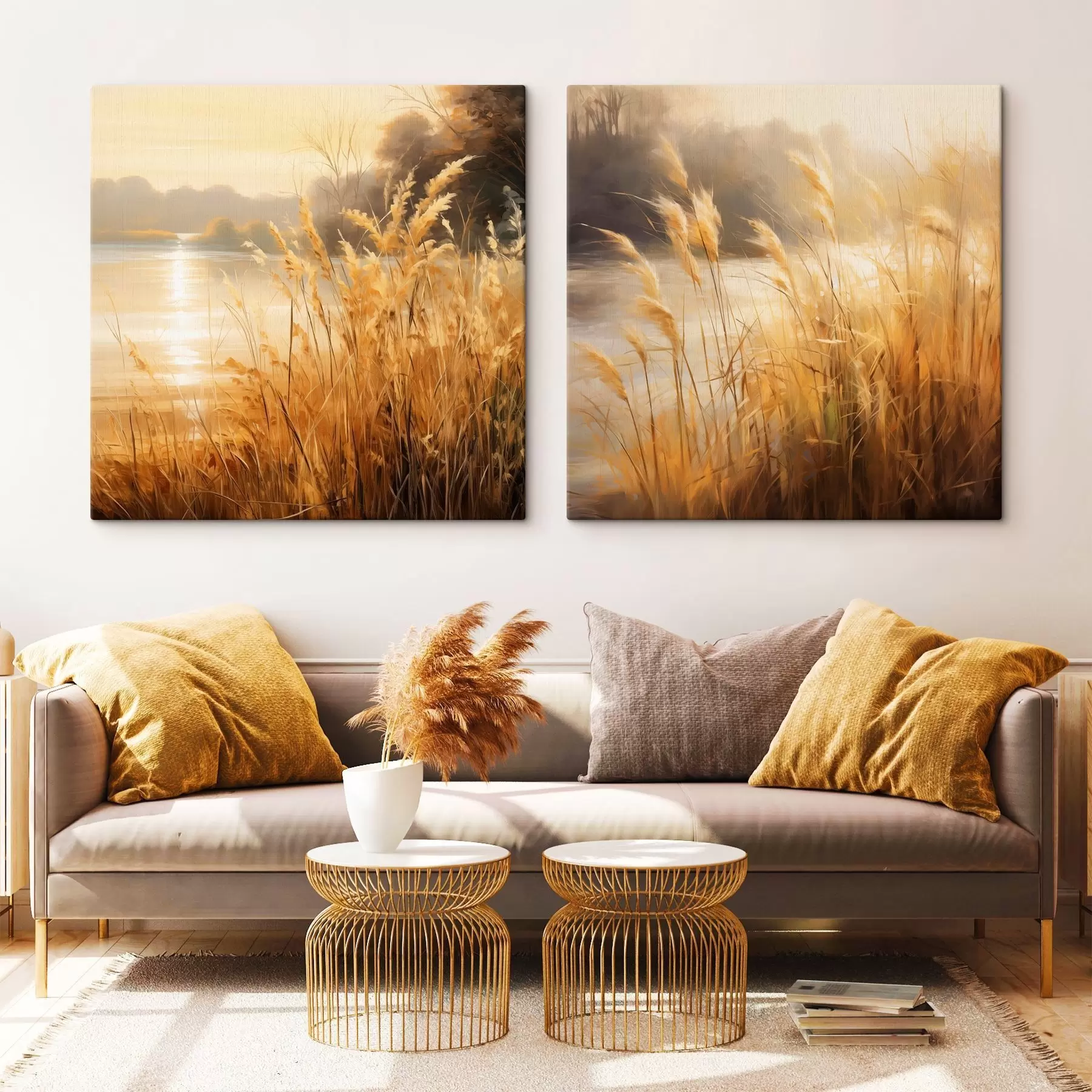 fotótapéta Az előtérben magas, kiszáradt fűszálak, a háttérben egy tó és fák m30201