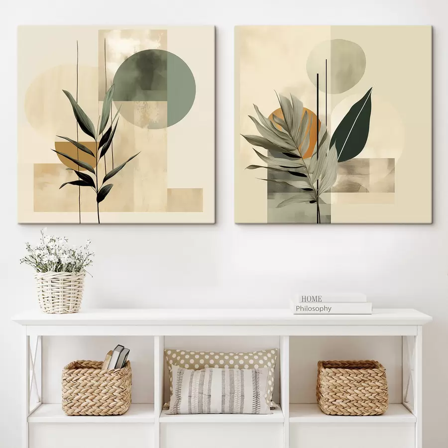 fotótapéta Sötétzöld növény, absztrakt geometriai formákkal és bézs és zöld színű akvarellszerű textúrákkal m30209