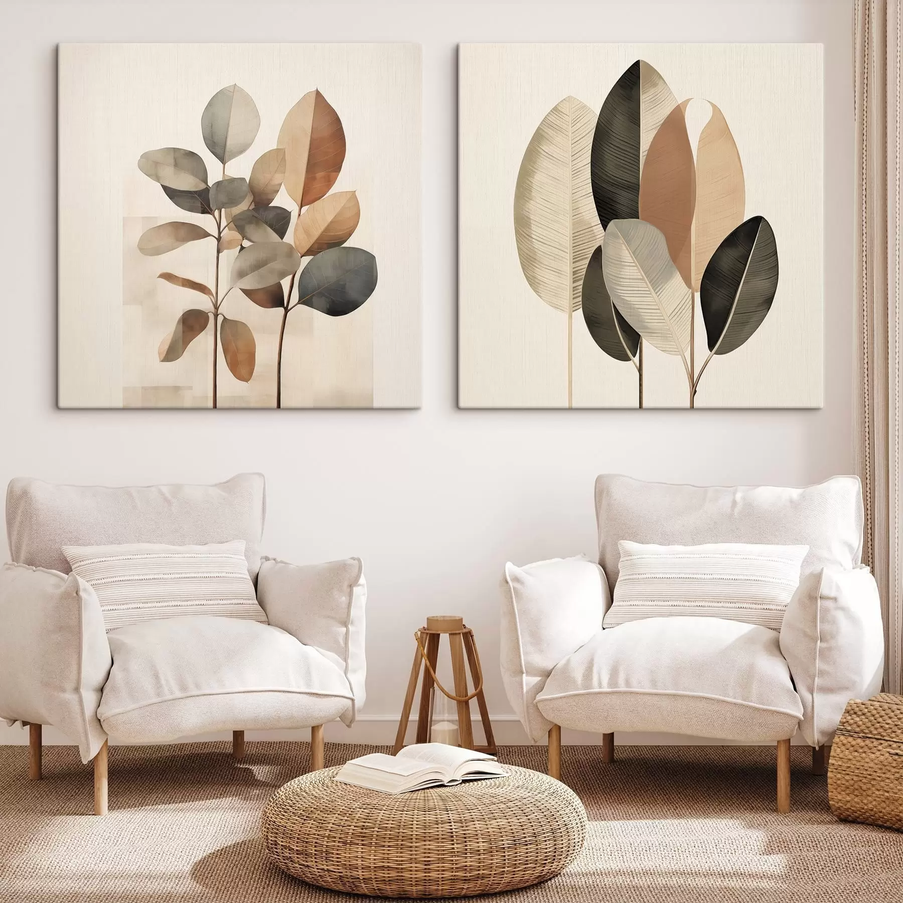 fotótapéta Magas növények ovális levelekkel, tompított színekben és absztrakt téglalap alakú mintákkal m30211