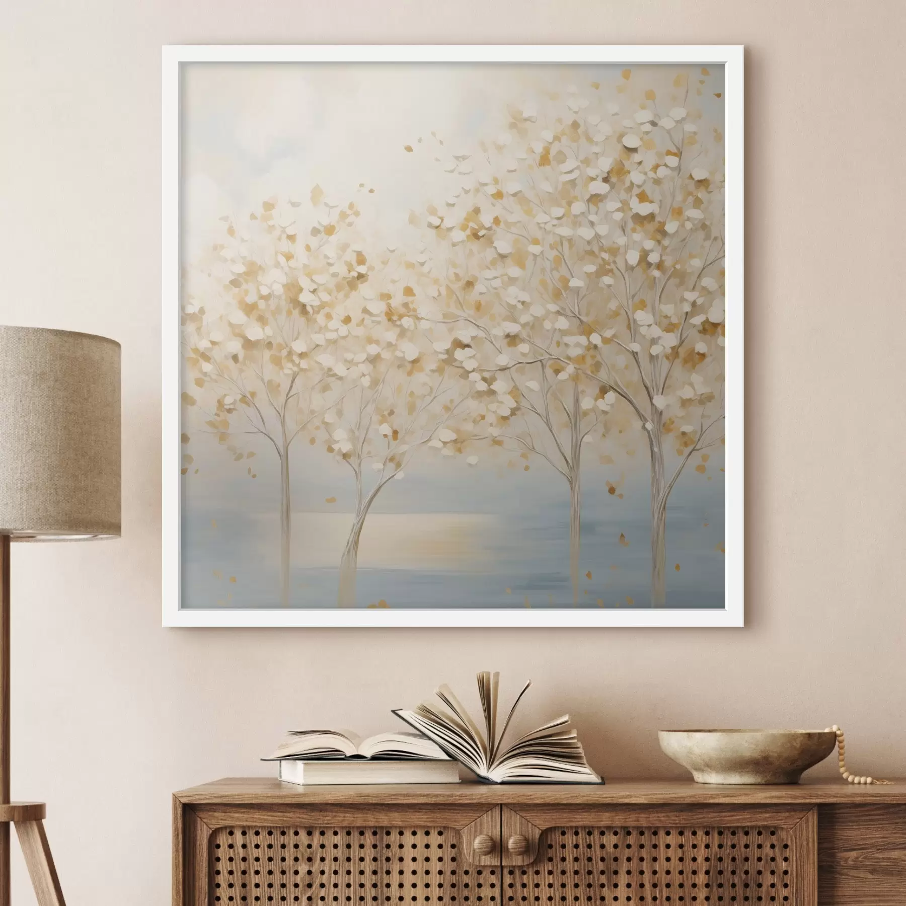 fotószőnyeg Texturált festmény, amelyen fehér és sárga levelű fák láthatók világoskék háttér előtt f48392