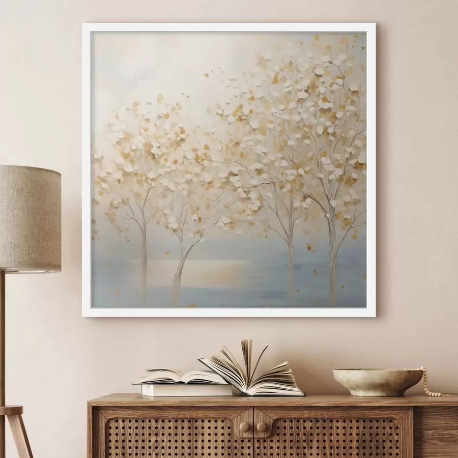 fotószőnyeg Texturált festmény, amelyen fehér és sárga levelű fák láthatók világoskék háttér előtt f48392