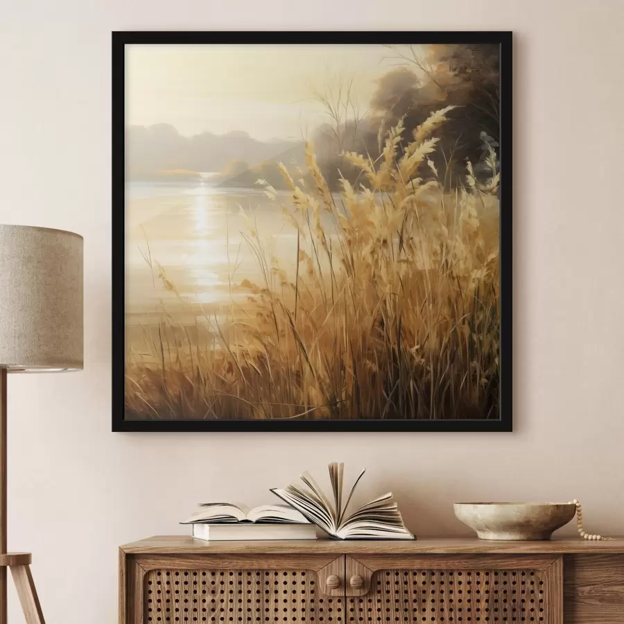 fotószőnyeg Az előtérben magas, kiszáradt fűszálak, a háttérben egy tó és fák f48393