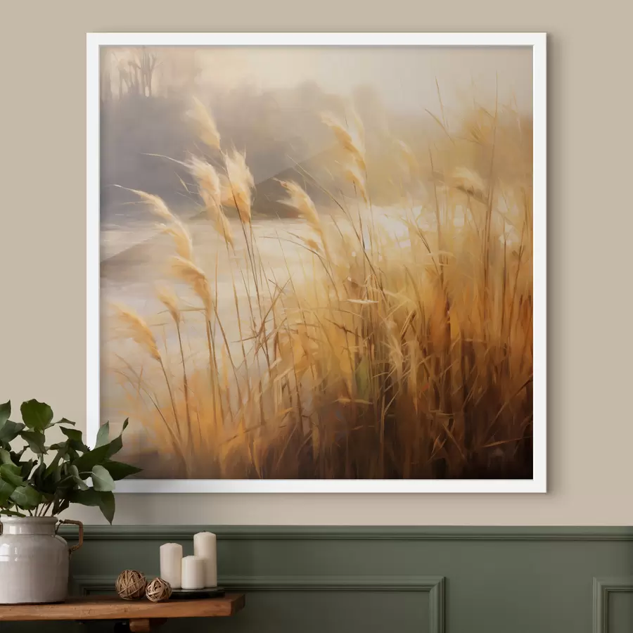 fotószőnyeg Az előtérben magas, kiszáradt fűszálak, a háttérben egy tó és fák f48394