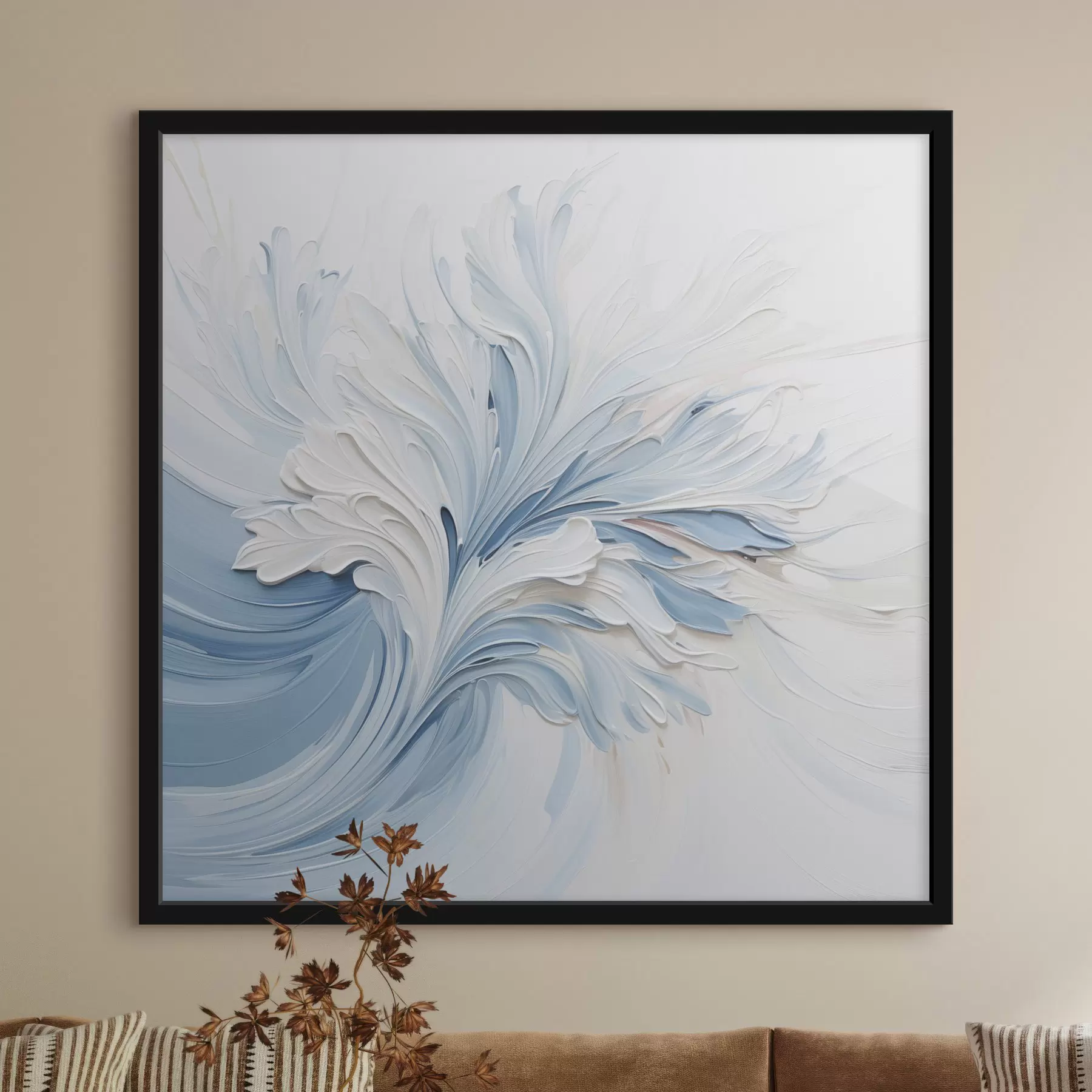 fotószőnyeg Fehér és világoskék absztrakt virágmotívum, texturált szirmokkal és kavargó vonalakkal f48395