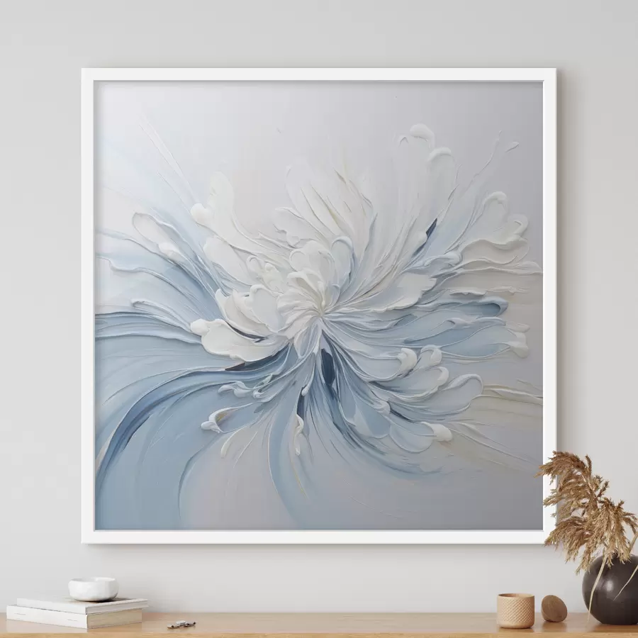 fotószőnyeg Fehér és világoskék absztrakt virágmotívum, texturált szirmokkal és kavargó vonalakkal f48396