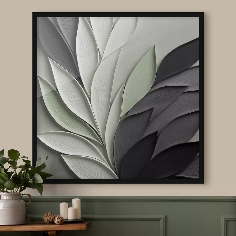 fotószőnyeg Absztrakt, stilizált levelek szürke, fehér és halványzöld árnyalatokban f48411