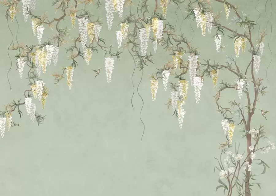 fotószőnyeg Virágzó ágak fehér virágokkal és madarakkal zöld háttér előtt w05394