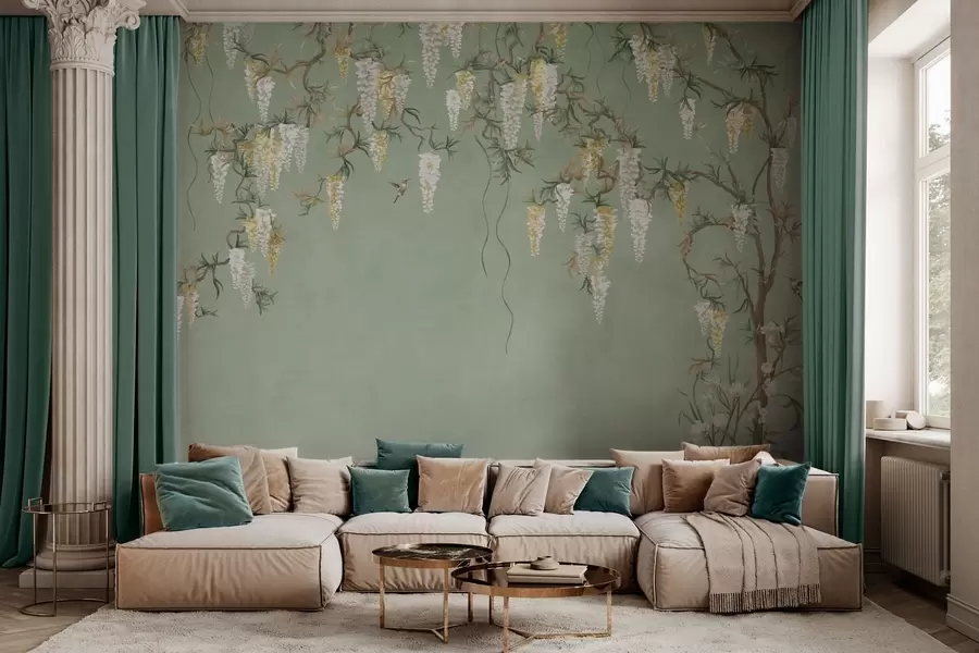 fotószőnyeg Virágzó ágak fehér virágokkal és madarakkal zöld háttér előtt w05394