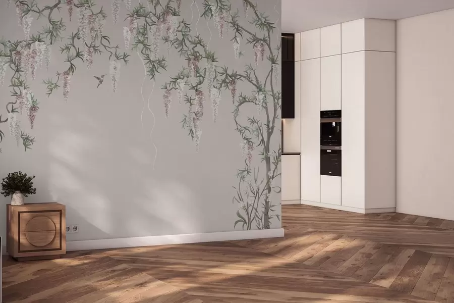 fotószőnyeg Virágzó ágak rózsaszín virágokkal és madarakkal w05394v1