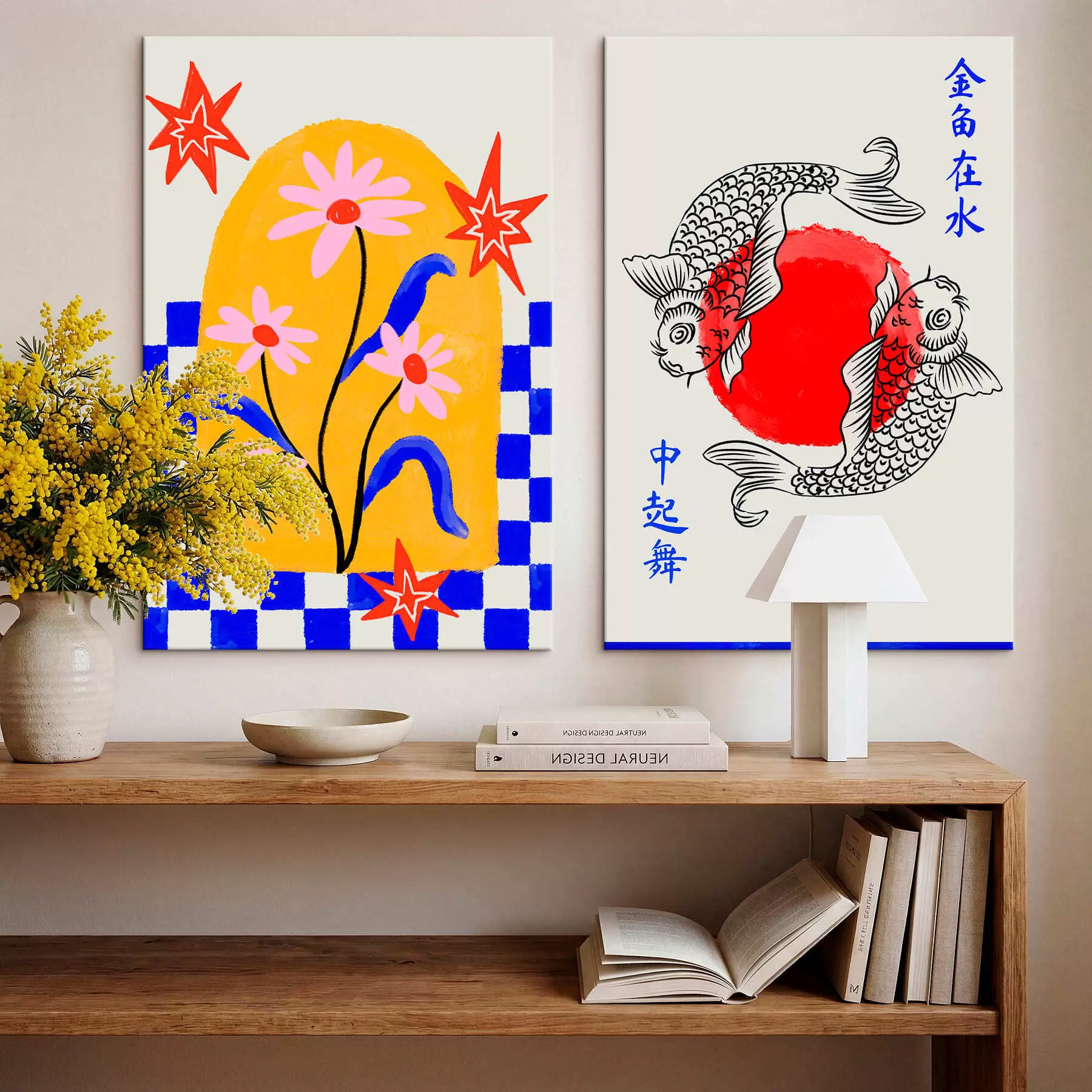 fotótapéta Kétlapos kép macskával és két hallal, vörös és fehér árnyalatokban m30235