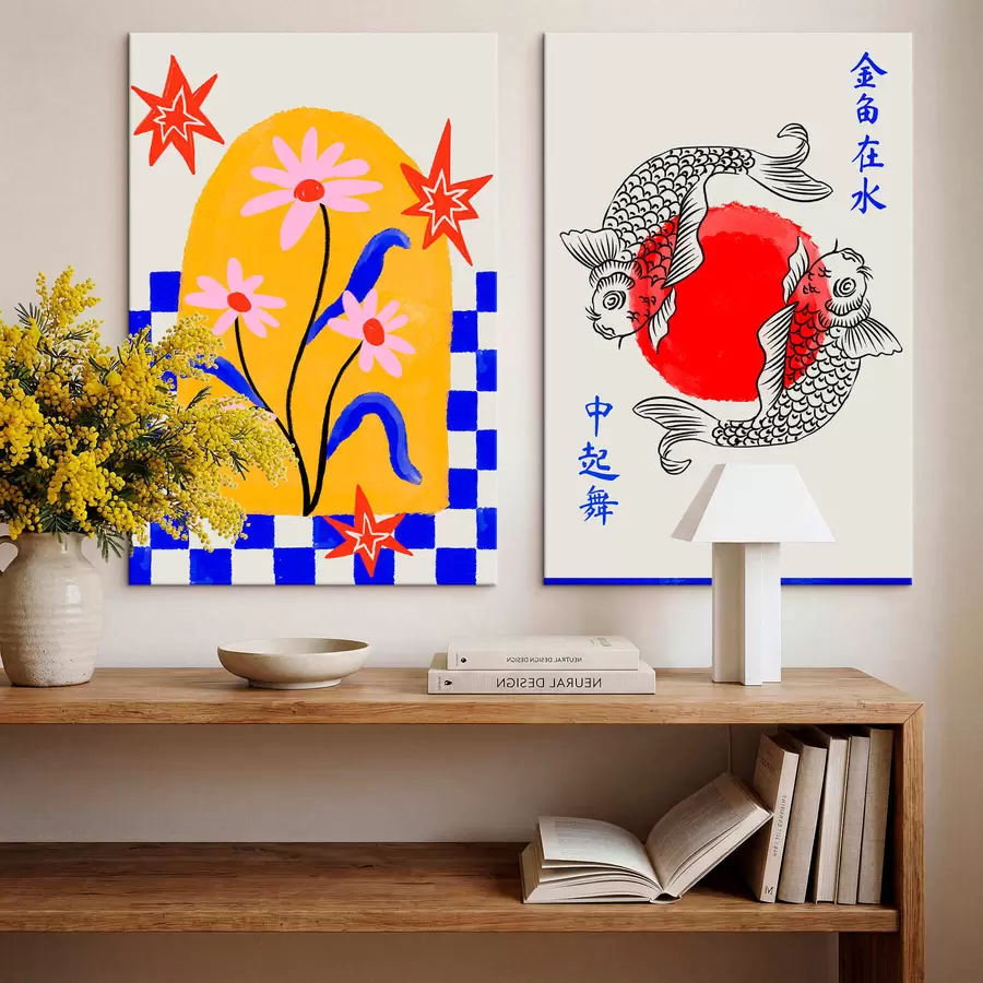 fotótapéta Kétlapos kép macskával és két hallal, vörös és fehér árnyalatokban m30235