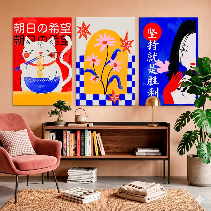 fotótapéta Háromrészes kép: macska, hal és női portré m30240