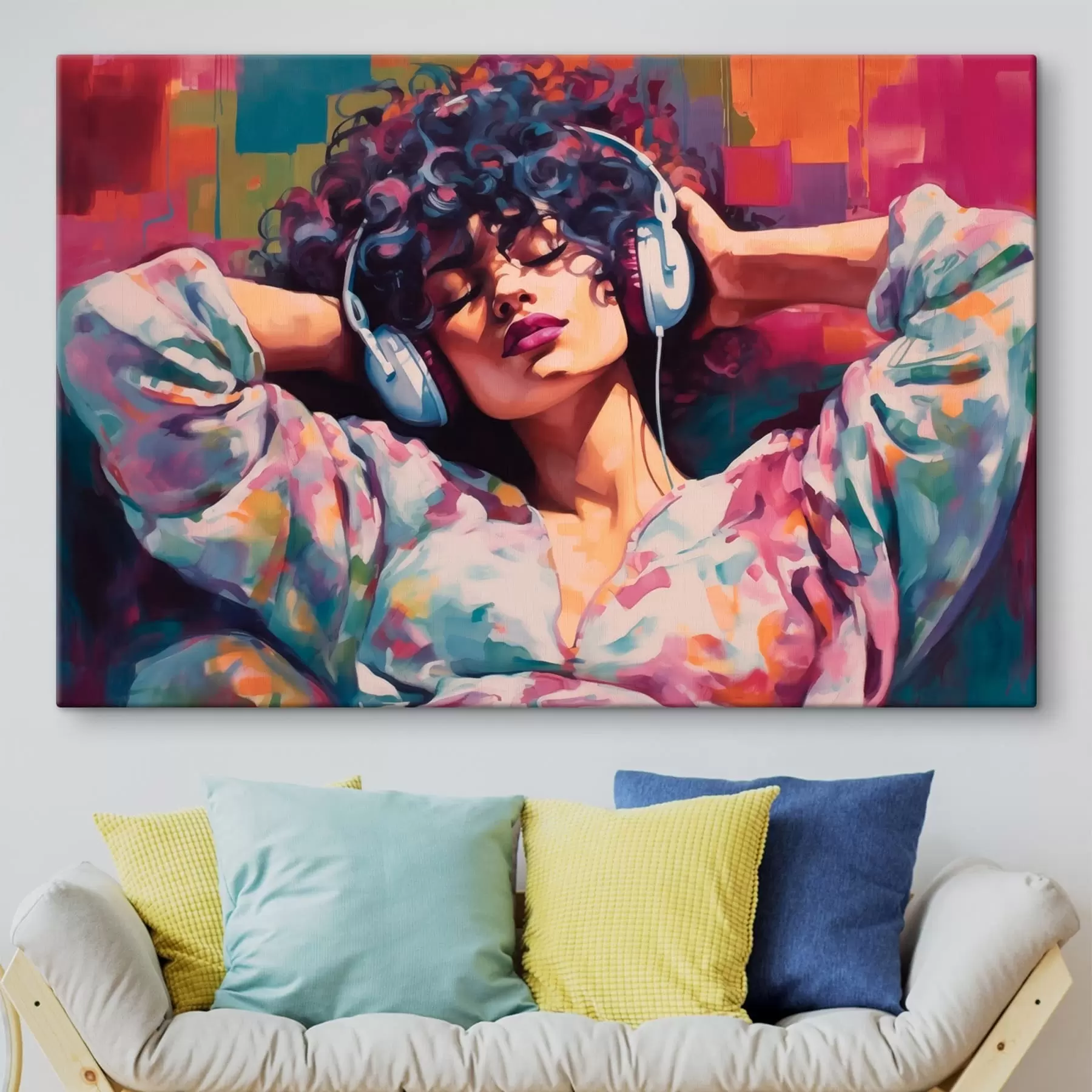 fotótapéta Fejhallgatót viselő nő színes, festett stílusban s48335