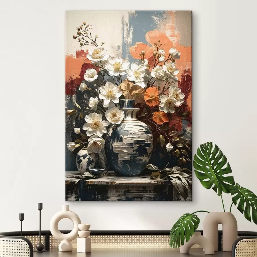 fotótapéta Virágok vázákban texturált fal előtt s48360