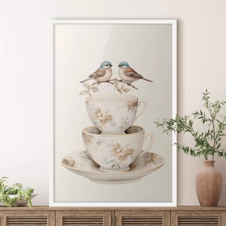 fotószőnyeg Két madár egy ágon a teáscsészék felett f48347