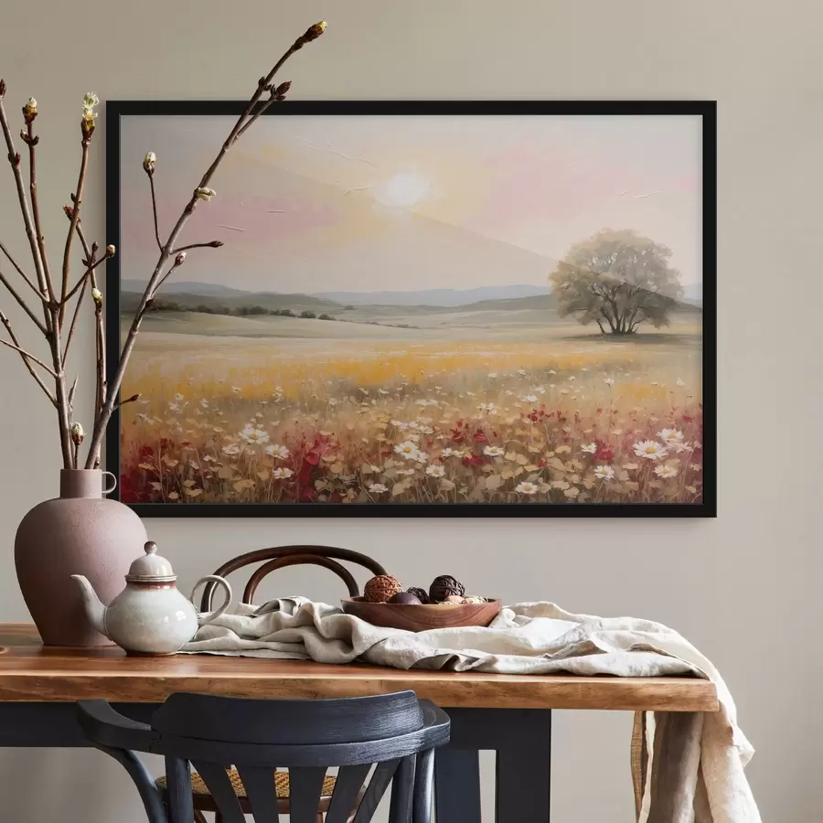 fotószőnyeg Tájkép virágmezővel és fával a láthatáron f48355