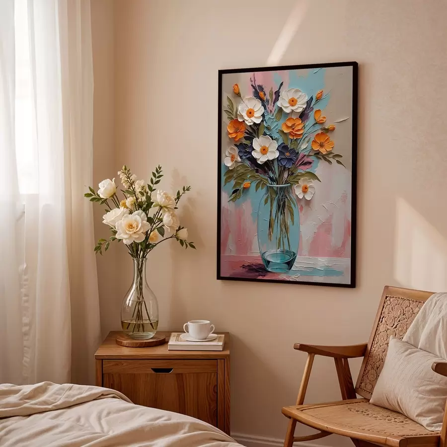 fotószőnyeg Virágcsokor üvegvázában színes háttér előtt f48488