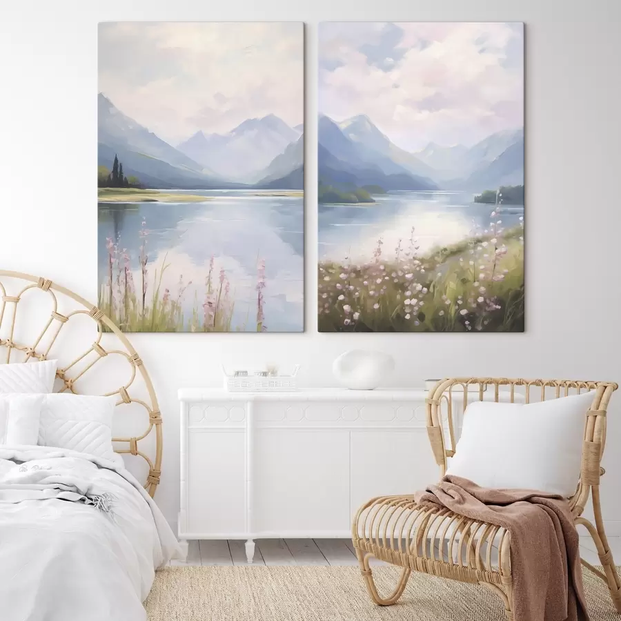 fotótapéta Tó a hegyek közelében a festészet utánzata m30248