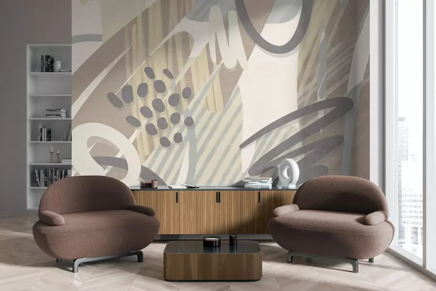 fotószőnyeg Absztrakt, texturált nyomtatás organikus formákkal, firkákkal és pontokkal, tompított pasztell színekben w09774