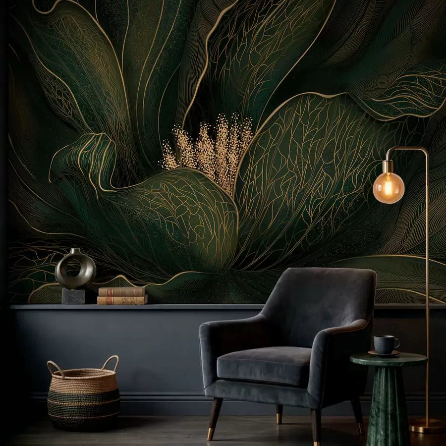 fotószőnyeg Sötétzöld, absztrakt virág finom vonalrészletekkel w05119v1