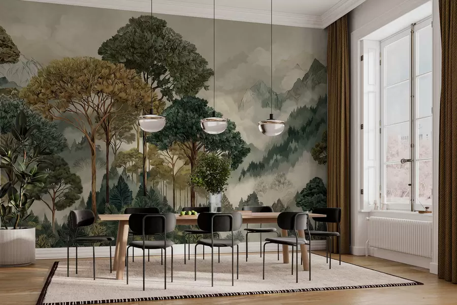 fotószőnyeg Magas fákkal teli erdő a ködös hegyekben w05410