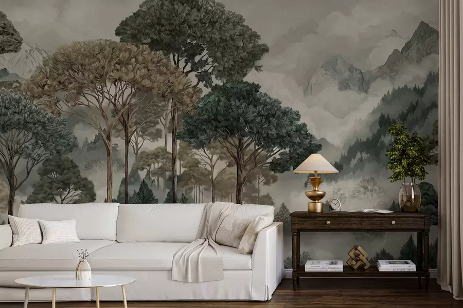 fotószőnyeg Hegyi táj erdővel, lágy színekben w05410v1