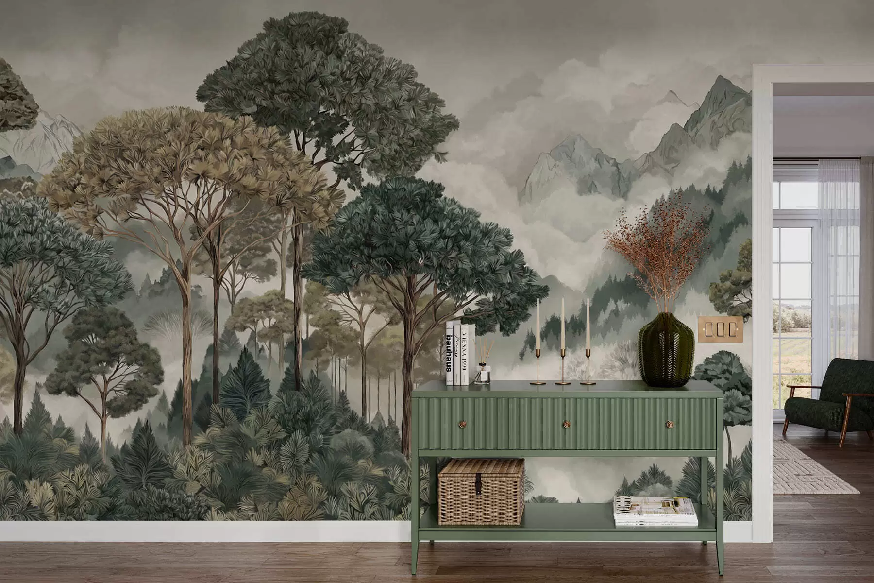 fotószőnyeg Hegyi táj erdővel, lágy színekben w05410v1