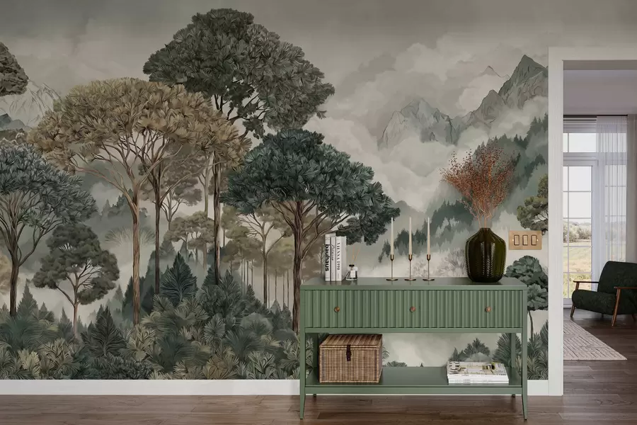 fotószőnyeg Hegyi táj erdővel, lágy színekben w05410v1