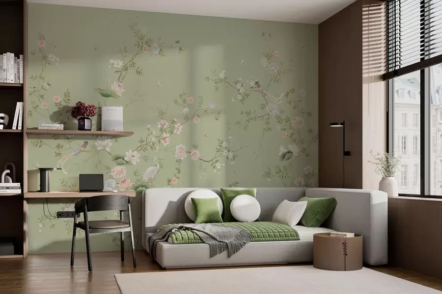 fotószőnyeg Virágzó ágak madarakkal, világoszöld alapon w05416