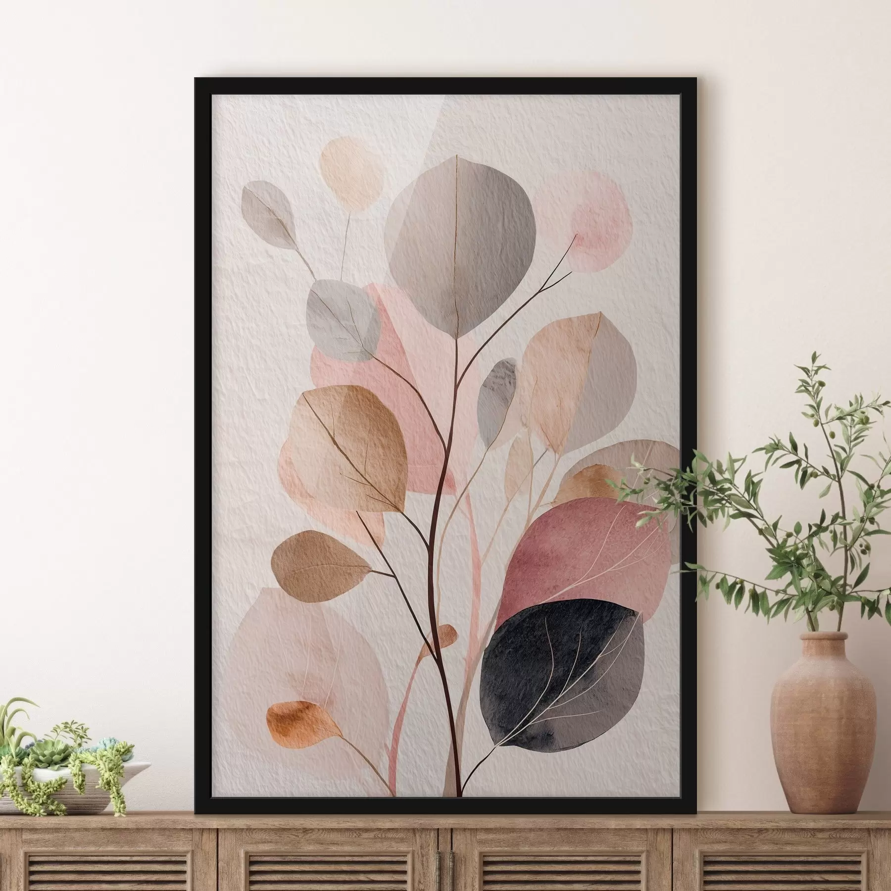 fotószőnyeg Absztrakt ág kerek levelekkel, meleg bézs és korallszínekben f48187