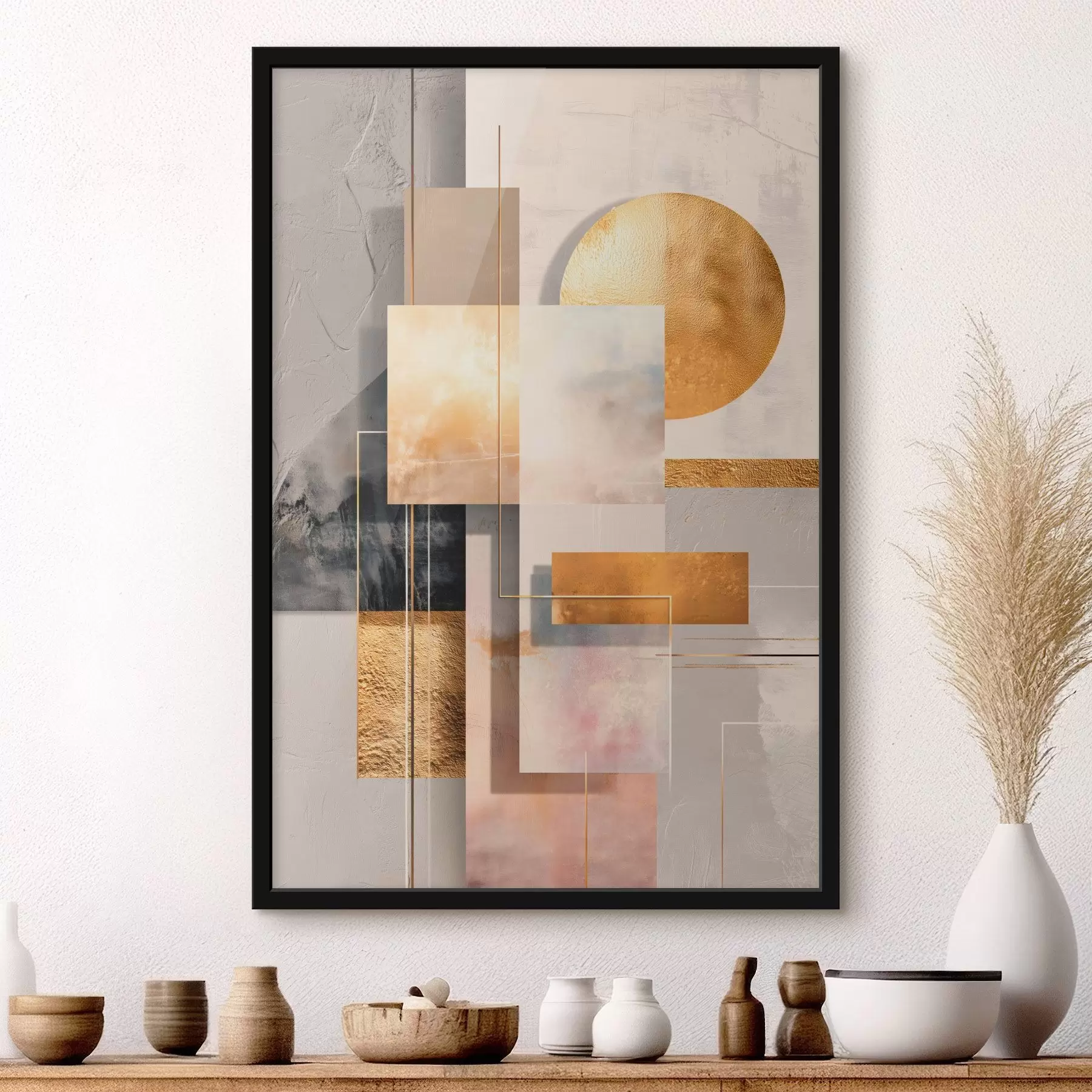 fotószőnyeg Dekoratív kompozíció téglalapokkal és körrel, meleg bézs és barna színvilágban f48196