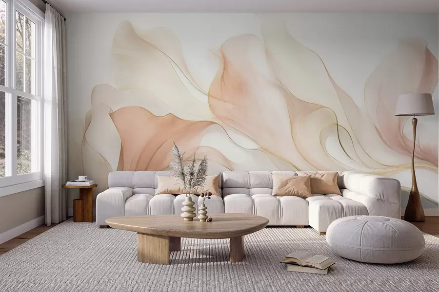 fotószőnyeg Absztrakt, áramló textúra barack- és krémárnyalatokban, finom vonalakkal w09815