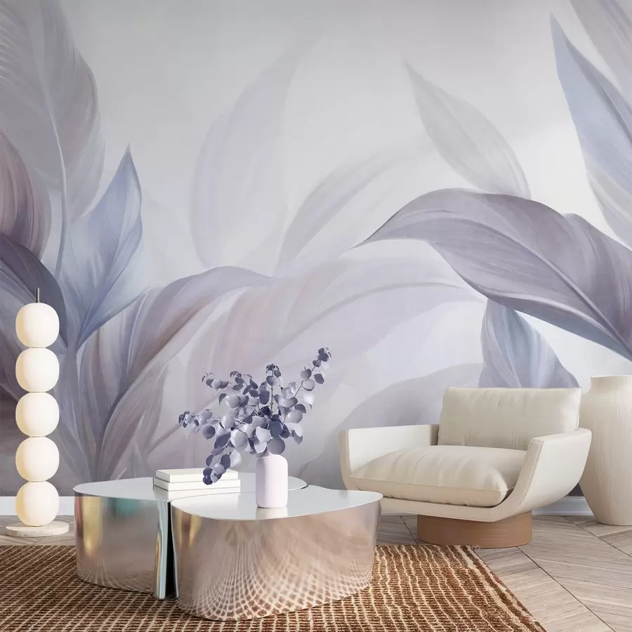 fotószőnyeg Nagy, halványkék és lila trópusi levelek, lágy, pasztell színekkel, texturált mintázattal w09816v1