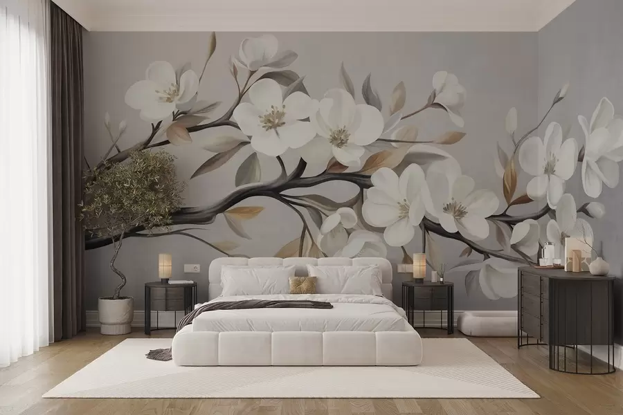 fotószőnyeg Texturált ág fehér virágokkal és barna levelekkel világosszürke háttér előtt w09817