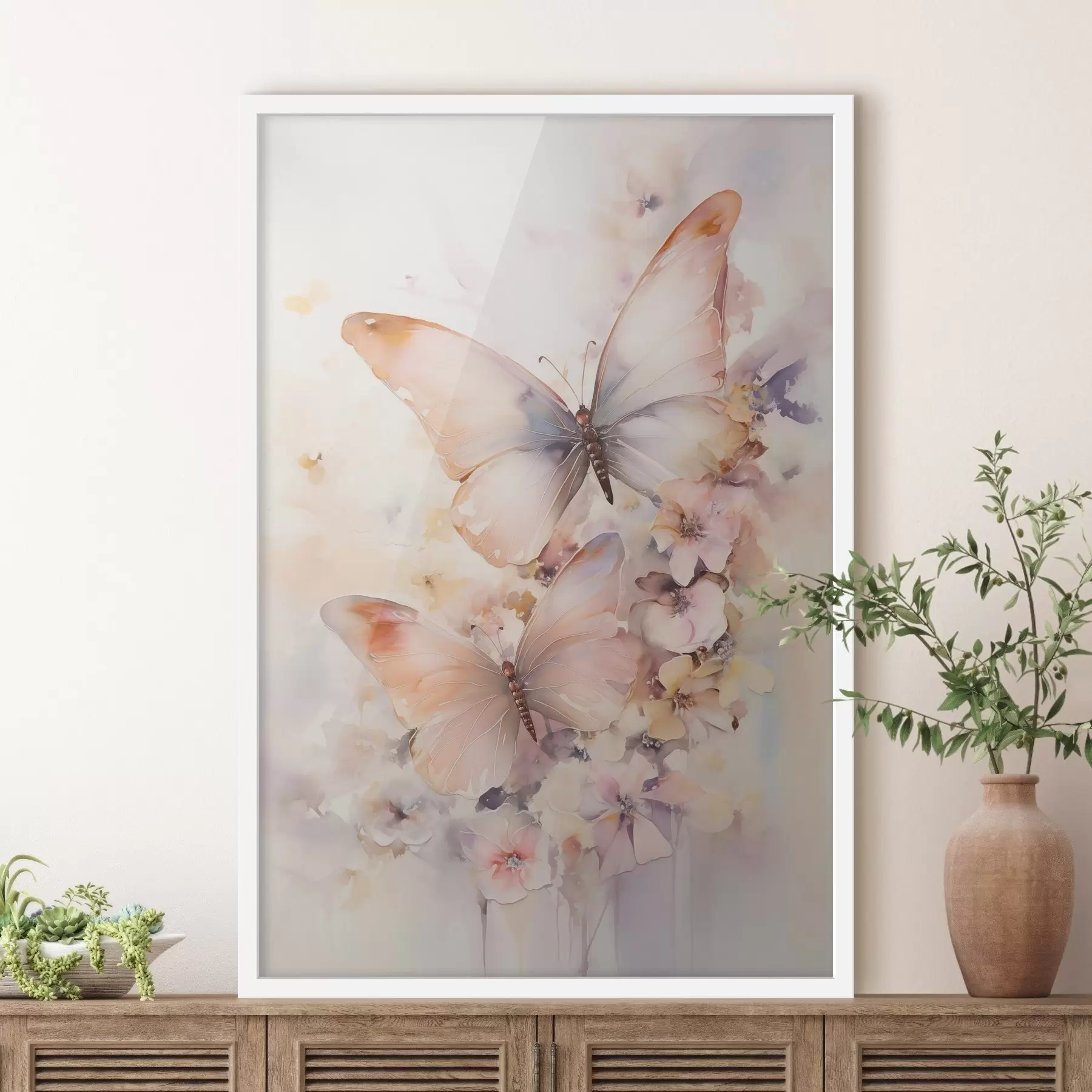 fotószőnyeg Finom virágok pillangókkal, pasztell színekben f48563