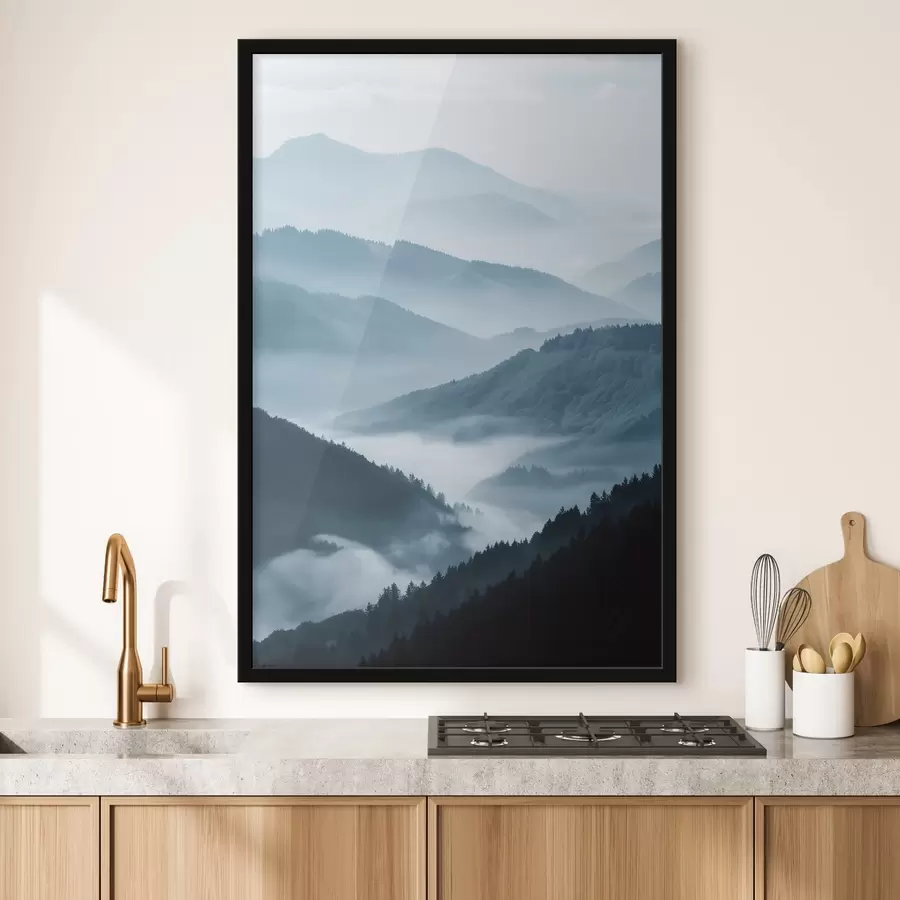 fotószőnyeg Ködös hegyek, kék táj f48567