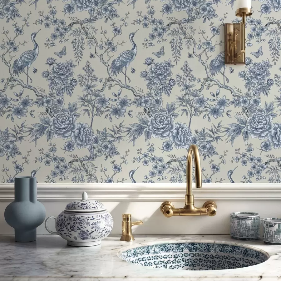 fotószőnyeg Kék virágmotívum madárral és ágakkal a01132